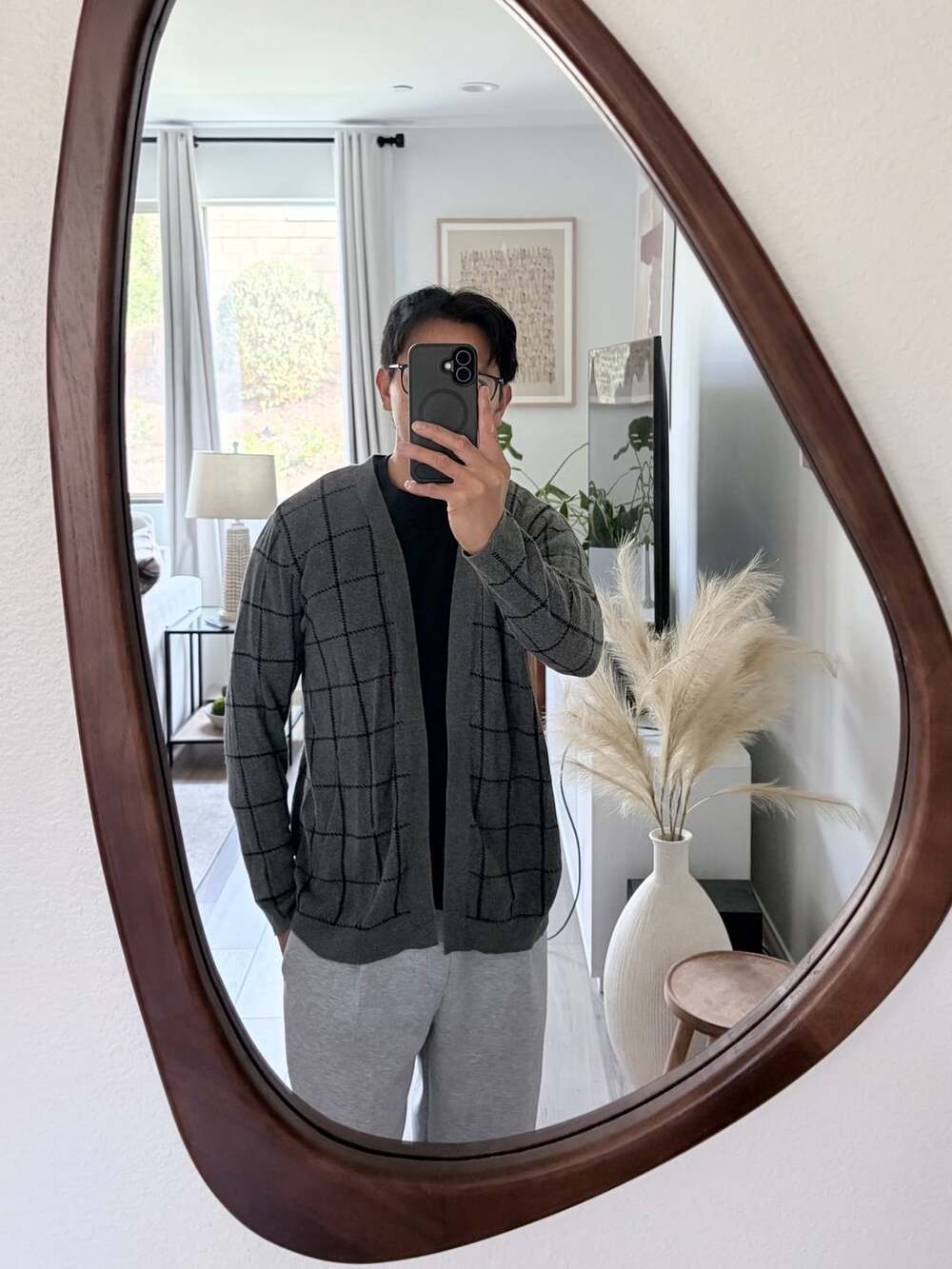 Croft & Barrow Cardigan Size L Gray Black Windowpane Check Sweater